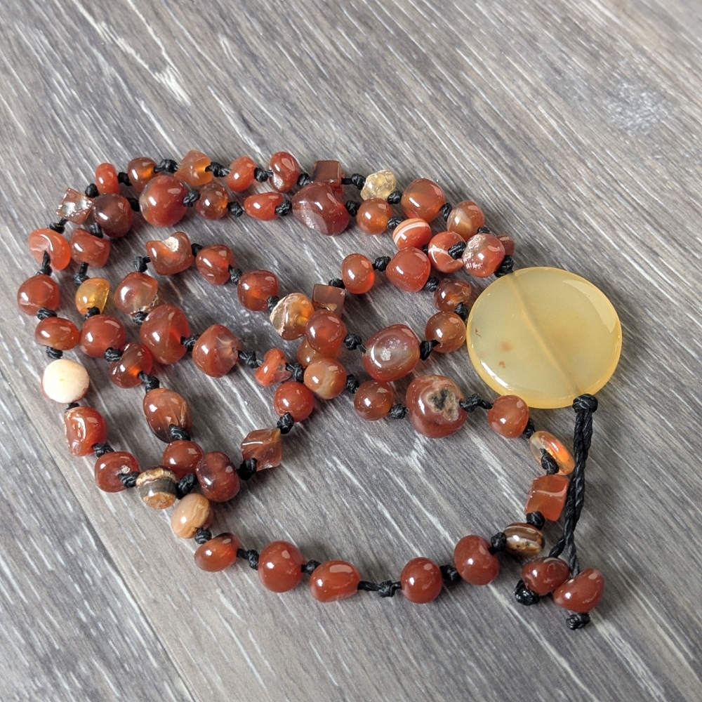 Vintage Carnelian Beaded Necklace 24” Hand Knotted Stone Necklace
